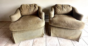 lot 15 image: Pair of Upholstered Arm Scroll Chairs by Marge Carson