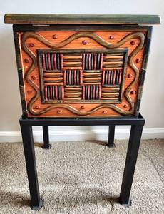 lot 117 image: Stunning Carved Wooden Box on Metal Stand and Coordinating Wall Mirror