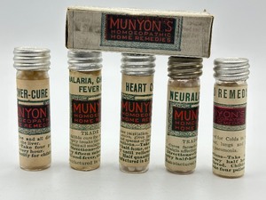 lot 87 image: (5) Munyons Remedies Hand Blown Glass Cure Vials with Zinc Tops