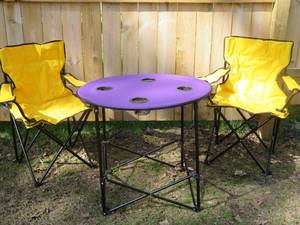 NEW MYSTIC TAILGATE FOLDING POP UP TABLE  PADDED CHAIRS