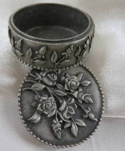 PEWTER PILL BOX WITH EARINGS AND PIN