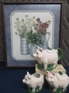 BEAUTIFUL FRAMED AND MATTED PIC  PIGGIE TEA POT,SUGAR BOWL AND CREAMER