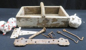 VINTAGE WOODEN WORK BOX PLUS ASSORTED ITEMS