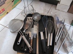 lot 235 image: STAINLESS STEEL UTENSILS, A ROASTING PAN AND MORE
