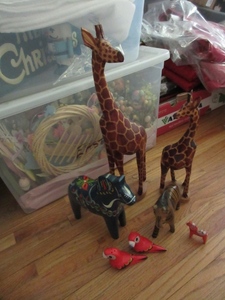 lot 413 image: CARVED AND PAINTED WOODEN FIGURINES- GIRAFFES AND MORE
