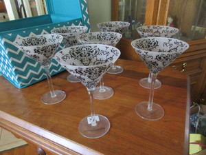 lot 445 image: BLACK LACE MARTINI GLASSES WITH DECORATIVE FABRIC STORAGE BIN