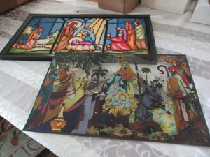 lot 568 image: CHRISTMAS STAINED GLASS AND NEEDLEPOINT ART