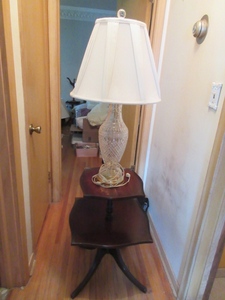 lot 167 image: VINTAGE 2 TIER TABLE WITH GLASS LAMP