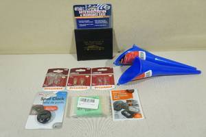lot 32 image: Assorted Car -Bulbs, Car Phone Mount, Air Freshener, Clock, Funnels