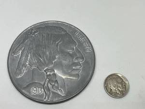 lot 30 image: Large Indian HeadBuffalo Nickel Reproduction in 3 diameter format with 1930 US Indian HeadBuffalo Nickel