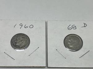 lot 33 image: Two Roosevelt Dimes - 1960 & 1968D
