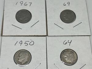 lot 38 image: Four Roosevelt Dimes - 1950, 1964, 1967, and 1969