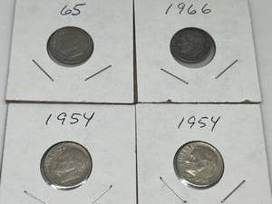lot 42 image: Four Roosevelt Dimes - 1954, 1954, 1965, and 1966