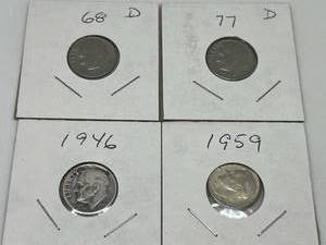 lot 43 image: Four Roosevelt Dimes - 1946, 1959, 1968-D, 1977-D