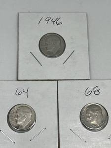 lot 50 image: Three Roosevelt Dimes - 1946, 1964, 1968-D
