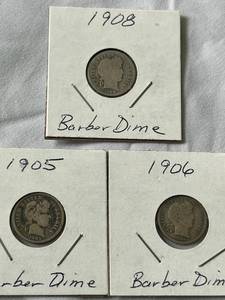 lot 61 image: Three Barber Dimes - 1905, 1906, 1908