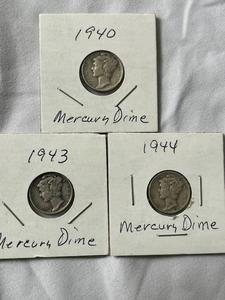 lot 62 image: Three Mercury Dimes - 1940, 1943, 1944