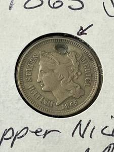 lot 84 image: 1865 Shield 3-Cent Coin with Hole, Copper Nickel Type