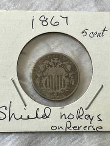 lot 86 image: 1867 Shield 5-Cent Coin (no rays on reverse)