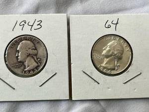 lot 97 image: Two Washington Quarters - 1943 and 1964