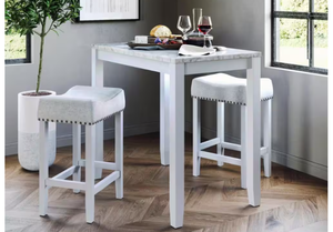 Nathan James  Viktor Three-Piece Dining Set Table Marble Top White Wood Base Light Gray Fabric Seat Model #  41201  UPC Code #  628110580368