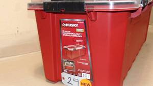 Husky 30-Gal. Professional Duty Waterproof Storage Container with Hinged Lid in Red