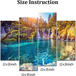 My Easy Art- Mountain Wall Art Waterfall Trees and Forest in the park Canvas 4 Panel  plitvice lakes art work