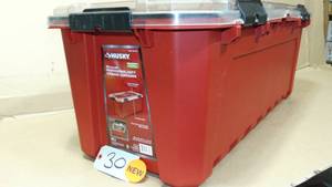 Husky 30-Gal. Professional Duty Waterproof Storage Container with Hinged Lid in Red