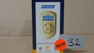 Schlage BE365 V PLY 505 Plymouth Keypad Deadbolt, Electronic Keyless Entry Lock, Bright Brass 043156901258