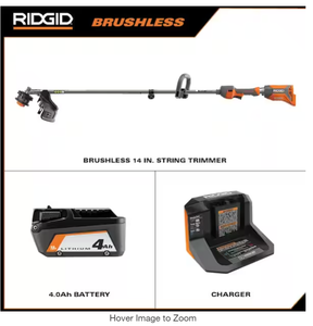 RIDGID  18V Brushless 14 in. Cordless Battery String Trimmer Includes 14 in. String Trimmer, 4.0Ah Battery, and Charger Model # R01201K UPC Code # 648846089010