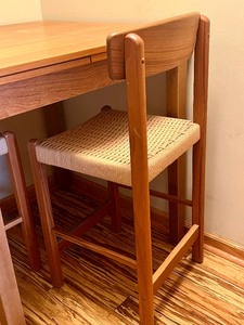 Vintage Teak High Top Table and Two Stools with Woven Seats