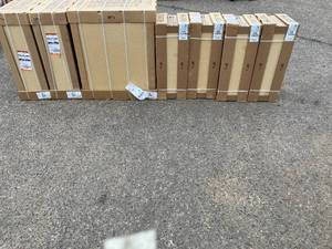 lot 18 image: Lot of Seven Hampton Bay Satin White Shaker Cabinets