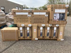 lot 19 image: Lot of Thirteen Hampton Bay Satin White Shaker Cabinets