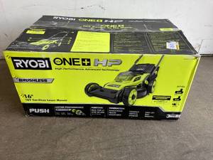 lot 90 image: Ryobi ONE HP 18V Brushless 16 in. Cordless Battery Walk Behind Push Lawn Mower with 4.0 Ah Battery and Charger