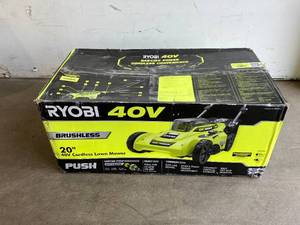 lot 91 image: Ryobi 40V Brushless 20 in. Cordless Battery Walk Behind Push Lawn Mower with 6.0 Ah Battery and Charger