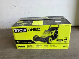 lot 92 image: Ryobi ONE 18V 13 in. Cordless Battery Walk Behind Push Lawn Mower with 4.0 Ah Battery and Charger
