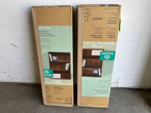 lot 123 image: Lot of Two Sauder 3-Shelf Bookcases with Cherry Finish