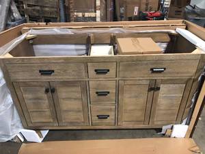 Home Decorators Collection Stanhope 61 in. W x 22 in. D Vanity in Reclaimed Oak  Customer Returns See Pictures