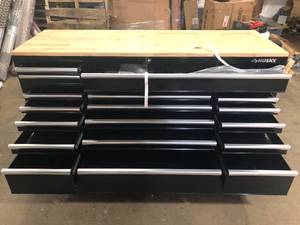 Husky  72 in. W x 24 in. D Standard Duty 18-Drawer Mobile Workbench Tool Chest with Solid Wood Top in Gloss Black  Customer Returns See Pictures