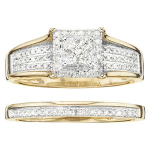 Promise of Love 10K Gold 13 ct tw Diamond Pave 3-Row Square Halo Bridal Set