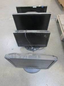 Lot of 4 Small Computer Monitors (UNTESTED, USED IN WAREHOUSE, SOME MAYBE MISSING CORDS)