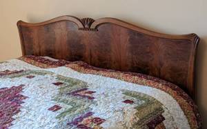 lot 80 image: Vintage Burled Wood Full Bed Frame with Carved Wood Accents