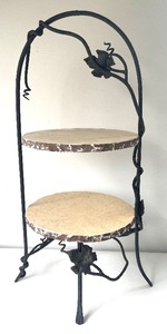 lot 104 image: Delightful Wrought Iron and Marble 2 Tier Display Server and Pedestal Bowl