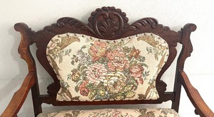 lot 112 image: Vintage French Settee  Bench on Casters with Wood Carved Details