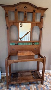 lot 23 image: Vintage Wood Hall Tree with Tile Details