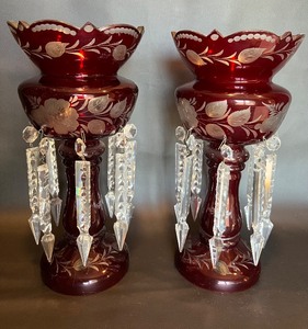 lot 26 image: Vintage Czech Cranberry Cut to Clear Mantle Lusters with Crystal Prisms