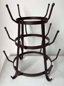 lot 150 image: Vintage Metal 3 Tier Bottle Dryer with Wine Themed Glasses