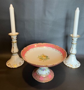 lot 45 image: Vintage French Le Rosey Pedestal Dish and Limoges Candlesticks
