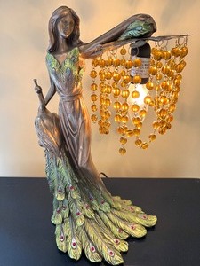 lot 242 image: Lady and Her Peacock Art Nouveau Style Glass Beaded Lamp