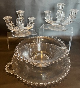 lot 246 image: Candlewick Bowl with Liner Plate & Pair of Fostoria Baroque Triple Candlestick
